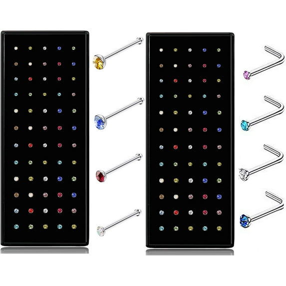 Charmark L Shaped Colorful CZ Diamond & Stainless Steel Nose Studs Rings, 120-Piece