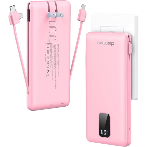 Charmast 10000mAh Power Bank with Built-In Cables and AC Plug