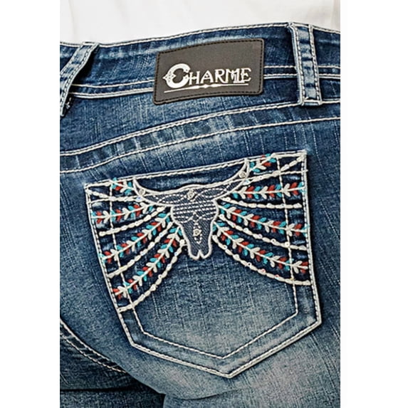 Charme by Grace in LA Steer Head Rhinestones Embellished Bootcut Stretch Jeans (25, Blue Stonewashed)