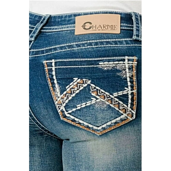 Charme by Grace in LA Women's Aztec Heavy Stitching Embroidered Bootcut Jeans (27, Blue Stonewashed)