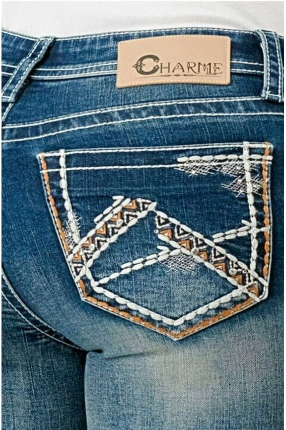 by Grace in LA Women's Aztec Heavy Stitching Embroidered Bootcut Jeans (28, Blue Stonewashed)