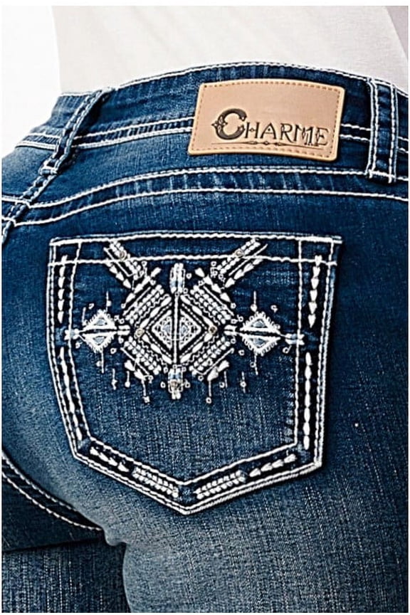 Charme by Grace in LA Women's Aztec Motif Embroidered Bootcut Stretch Jeans (27, Blue)