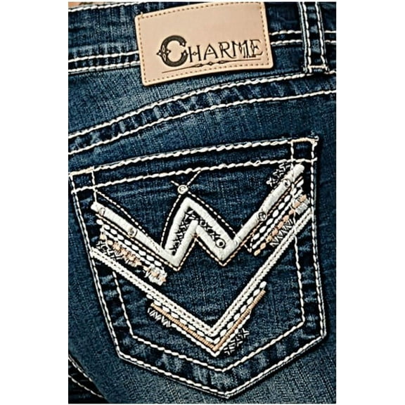 Charme by Grace in LA Women's Chevron Crystal Embellished Pocket Bootcut Stretch Jeans (29)
