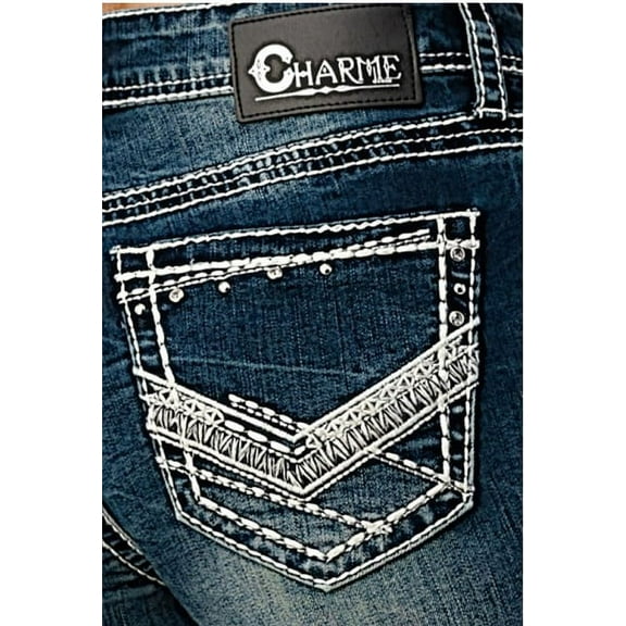 Charme by Grace in LA Women's Heavy Stitch Embroidered Bootcut Stretch Jeans (30, Blue)