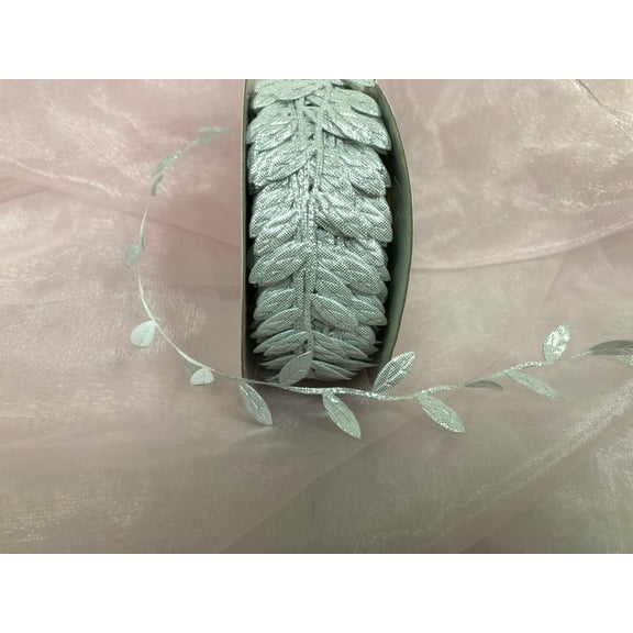 Charmed 1" Leaf Garland Trim Ribbon; Silver Metallic Color; 25Yards per Roll