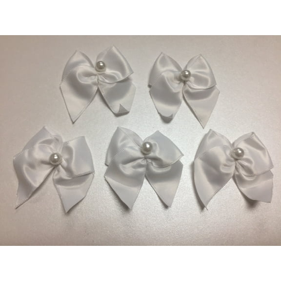 Charmed 2" White Color Satin Bow with 8mm Pearl;  Hair Accessory, Clothing Accessory Making; 50 Pieces