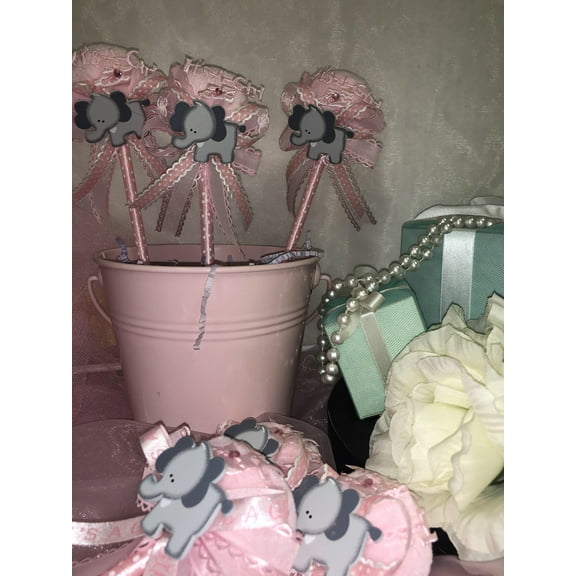 Charmed Elephant PomPom Pens Party Favors Giveaway Pink/Gray It's a Girl 12 pieces