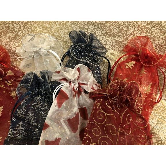 Charmed Christmas Holiday Organza Favor Bags Pouches with Ruffle on the Top; Mix 24 Pieces; 4.5"x7"