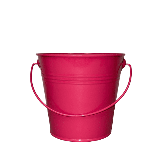 Charmed Colored Mini Metal Buckets - 3-Pack Colorful Tin Pails with Handles, Small-Sized for The Beach, Party Favors, Easter, Candy, or Garden; 5.25"X3.75"X4.75"; Fuchsia color