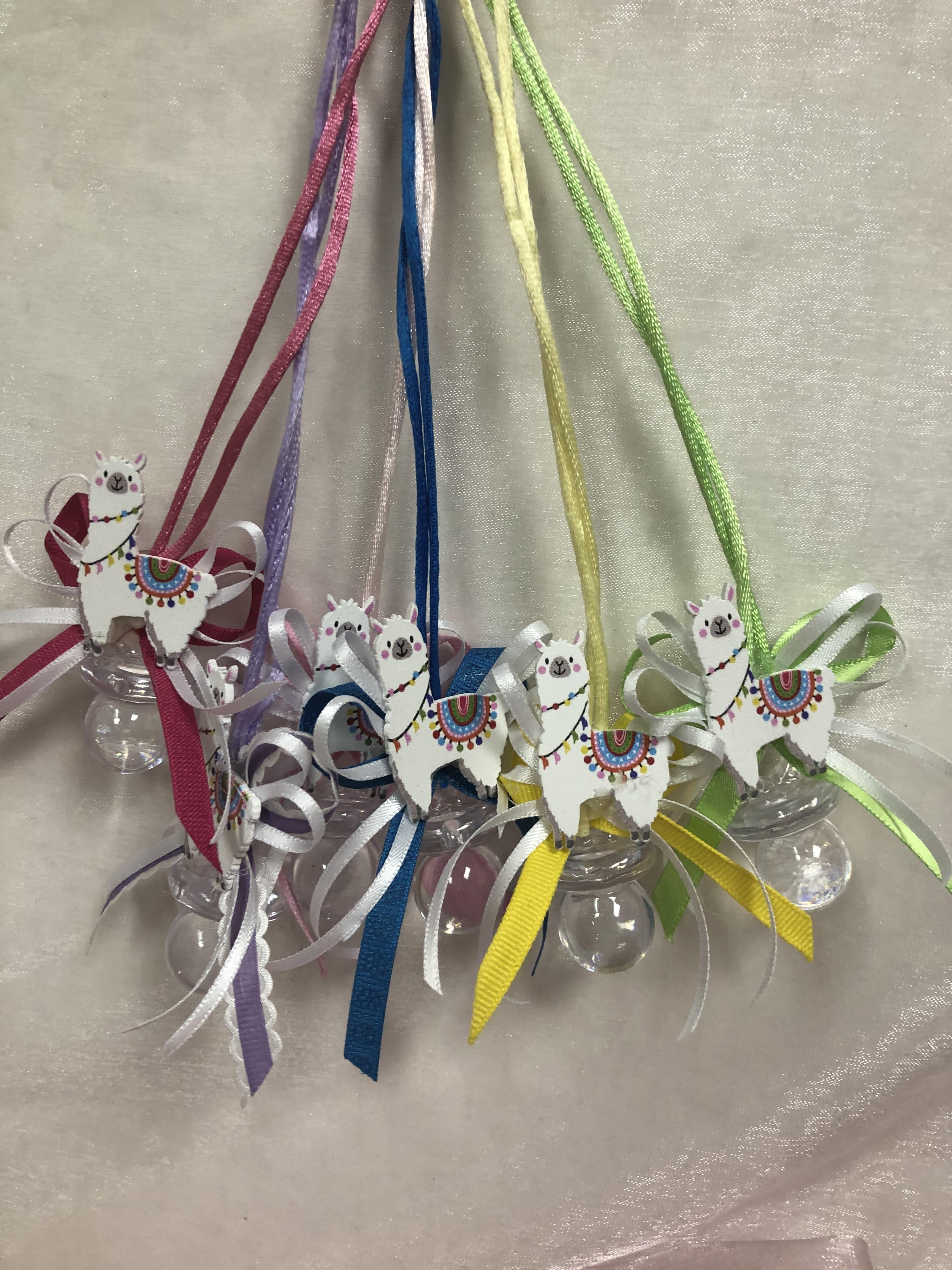 Charmed Colorful Llama Pacifier Necklace for Baby Shower Cute Party Favors; 12 pieces