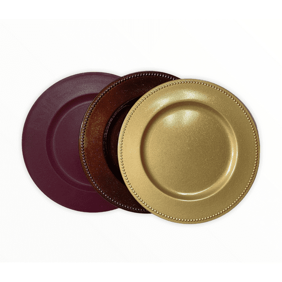 Charmed Fall Harvest Decorative Charger Plates, Red Velvet, Gold Sparkling, Brown Sparkling