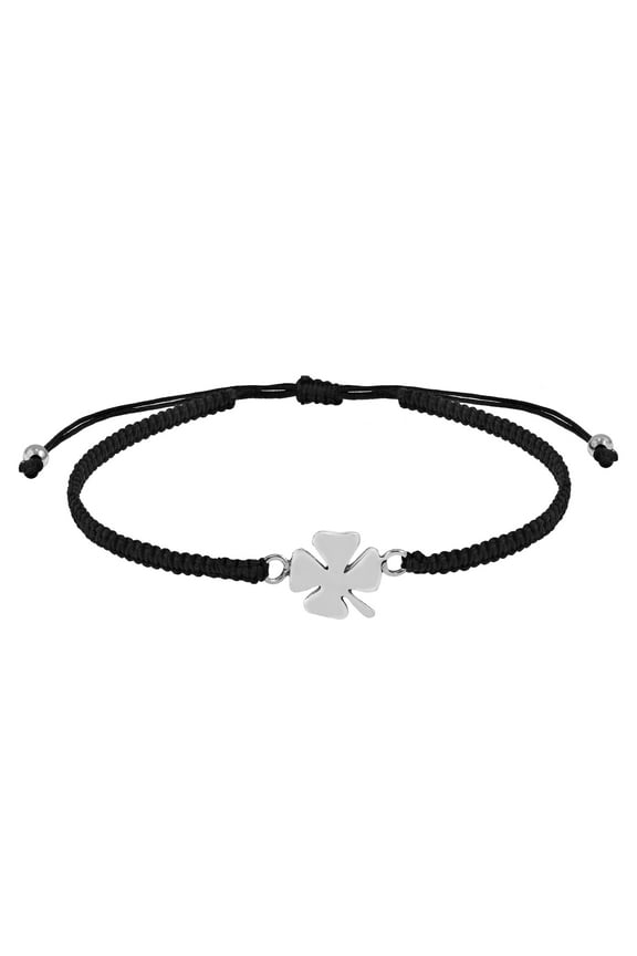 Charmed Four-Leaf Clover Sterling Silver Charm Black Rope Adjustable Bracelet
