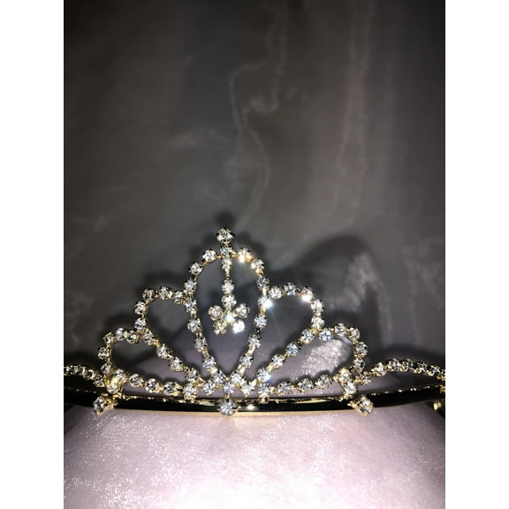 Charmed Gold Crown Rhinestone Tiara with Floral Dangling in the middle; Sweet 15/16 Quinceanera Birthday Wedding