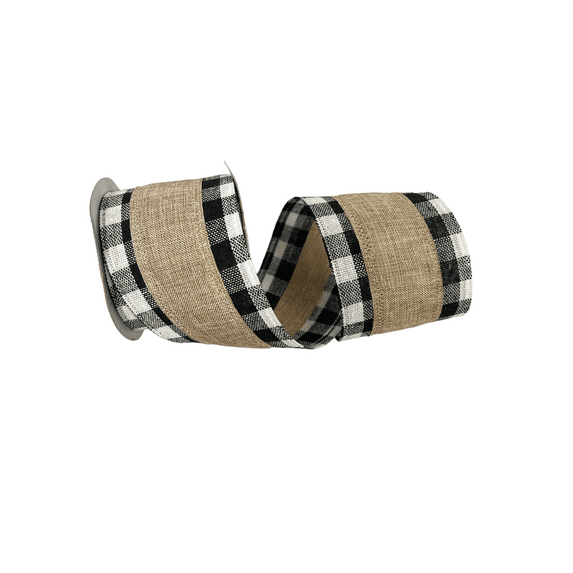 Charmed Home for the Holiday Decorative Christmas Burlap Wired Ribbon 2.5" X 3 Yards; Black and White Buffalo Plaid with Natural Color Burlap in the Middle