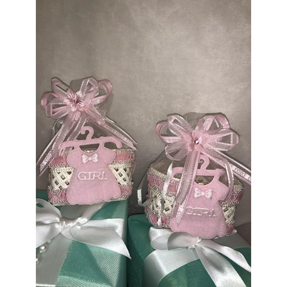 Charmed Mesh String Basket organza bag pouch baby shower favors; 2.5"; 12 pieces; White Basket with Pink Dress