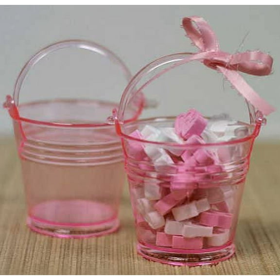 Charmed Mini 2" Beach Sand Plastic Buckets Party Favors Candy Box Baby Shower; Clear Pink; 12 pieces
