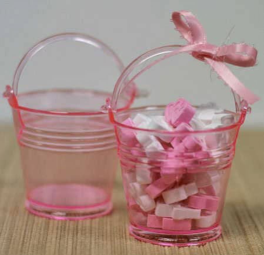 Charmed Mini 2" Beach Sand Plastic Buckets Party Favors Candy Box Baby Shower; Clear Pink; 12