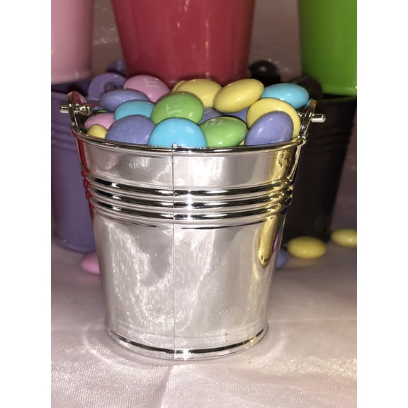 Charmed Mini Beach Sand Plastic Buckets Party Favors Candy Box Baby Shower; Silver; 12 pieces