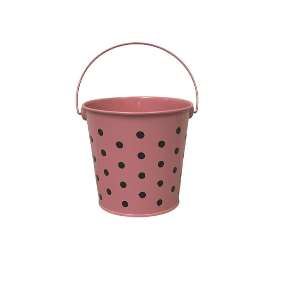 Charmed Mini Colorful Polka Dots Tin Pails Bucket with Handles for The Beach, Party Favors, Easter, Candy, or Garden; 4.75"x4.5" Light Pink with Black Dots Pack of 3