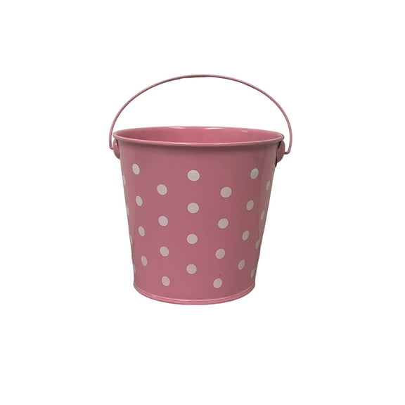 Charmed Mini Colorful Polka Dots Tin Pails Bucket with Handles for The Beach, Party Favors, Easter, Candy, or Garden; 4.75"x4.5" Light Pink with White Dots Pack of 3