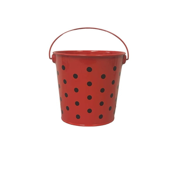Charmed Mini Colorful Polka Dots Tin Pails Bucket with Handles for The Beach, Party Favors, Easter, Candy, or Garden; 4.75"x4.5" Red with Black Dots Pack of 3