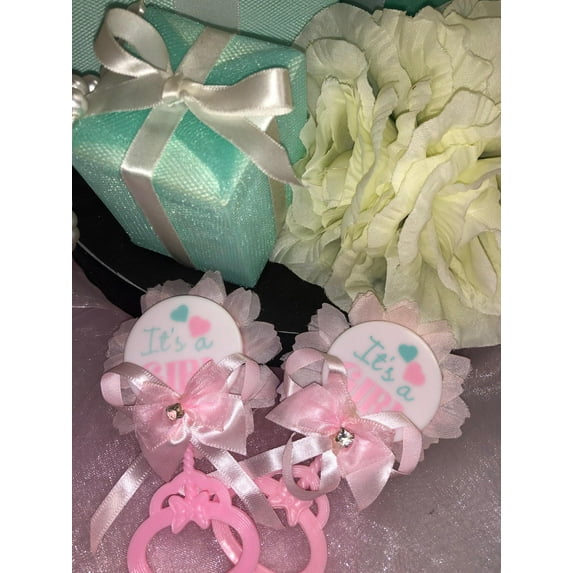 Charmed Pink Plastic It's a Girl Pin Back Baby Shower Rattle Favors, 12 Pieces
