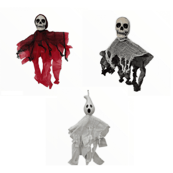 Charmed Set of 3 Polyester Hanging Ghosts/Skeletons Halloween Spooky Hallo Hanging Venue Decoration; 24 in.