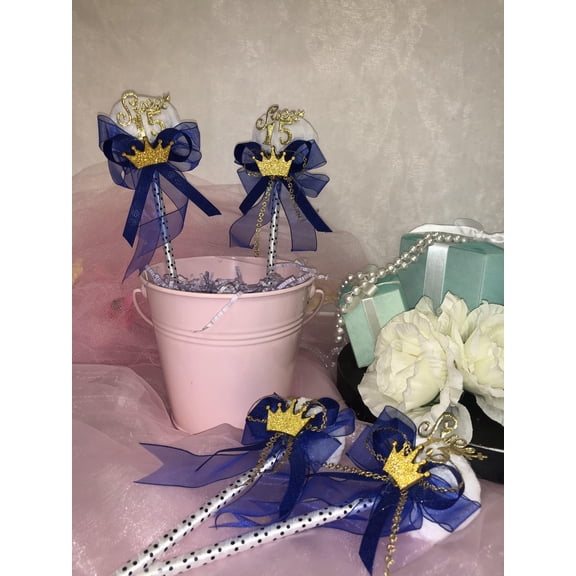 Charmed Sweet 15 Royal Blue with Golden Crown Pom Pom Pen; 12 pieces