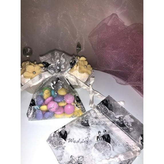 Charmed Wedding Organza Favor bags.; 3"X4"; Wedding Printing Designs Silver with White; 60 counts