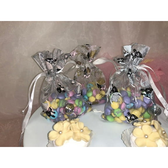 Charmed Wedding Organza Favor bags.; 4"x6"; Wedding Printing Designs Silver with White; 60 counts