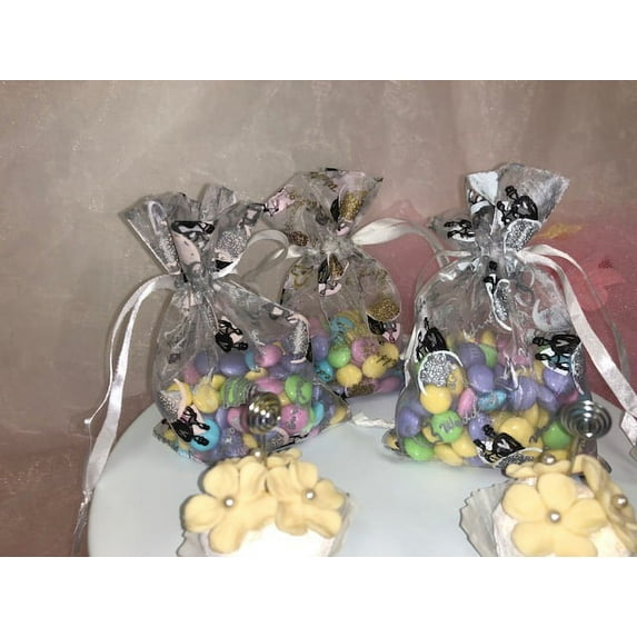 Charmed Wedding Organza Favor bags.; 4"x6"; Wedding Printing Designs Silver with White; 60 counts