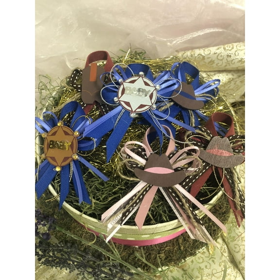 Charmed Wild Wild West CowBoy Corsage Pin Baby Shower Favors for Boy/Girl; 12 pieces; Assorted Style and Color