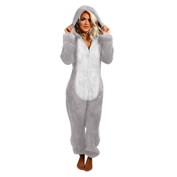 Charmgo Adult Onesies for Women, Women's Patchwork Fashion Casual Zipper Hooded Plush Jumpsuit Animal Onesie Adult, Christmas Onesies Adult Grey S