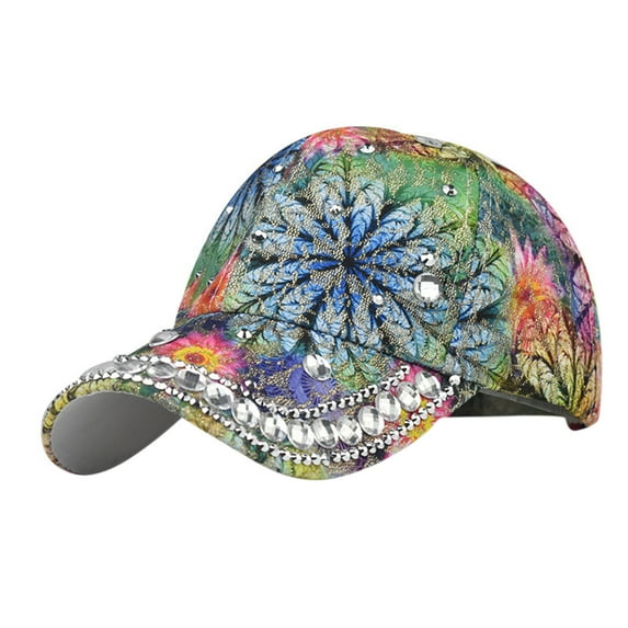 Charmgo Baseball Cap Clearance, Female Summer Flash Drill Floral Print Baseball Caps Adjustable Hat Visors Star Golf Hat, Trucker Hat for Women Green One Size