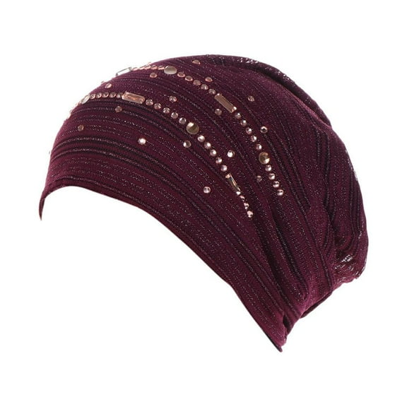 Charmgo Bonnet Clearance, Women Rhinestone India Hat Muslim Ruffle Cancer Chemo Headwear Beanie Turban Wrap Cap Baseball Cap, Trucker Hat for Women Wine One Size