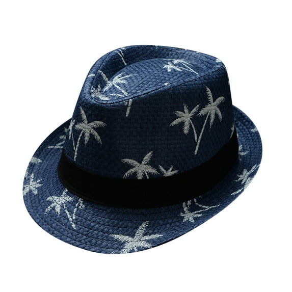 Charmgo Bucket Hat Clearance, Parent Child Adult Beach Wind Travel Tree Print Paper Straw Jazz Hat Seaside Sun Hat Beach Hats for Women, Straw Hats for Women, Sun Hats for Women Dark Blue
