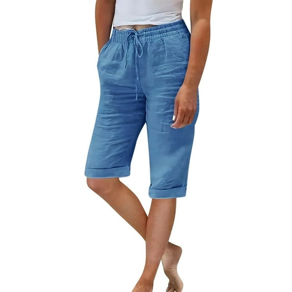 Charmgo Capri Pants for Women, Linen Shorts for Women Knee Length Shorts Casual Drawstring Elastic Waist Shorts Loose Athletic Beach Shorts for Women Blue S