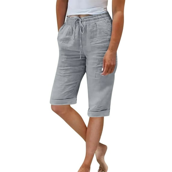 Charmgo Capri Pants for Women, Linen Shorts for Women Knee Length Shorts Casual Drawstring Elastic Waist Shorts Loose Athletic Beach Shorts for Women Grey M