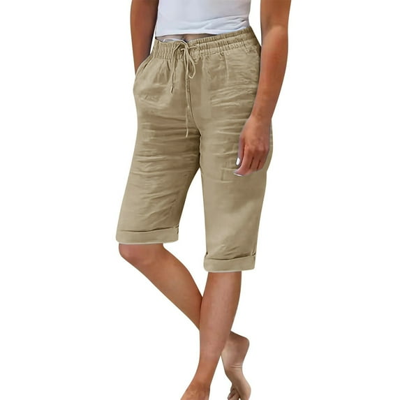 Charmgo Capri Pants for Women, Linen Shorts for Women Knee Length Shorts Casual Drawstring Elastic Waist Shorts Loose Athletic Beach Shorts for Women Khaki M
