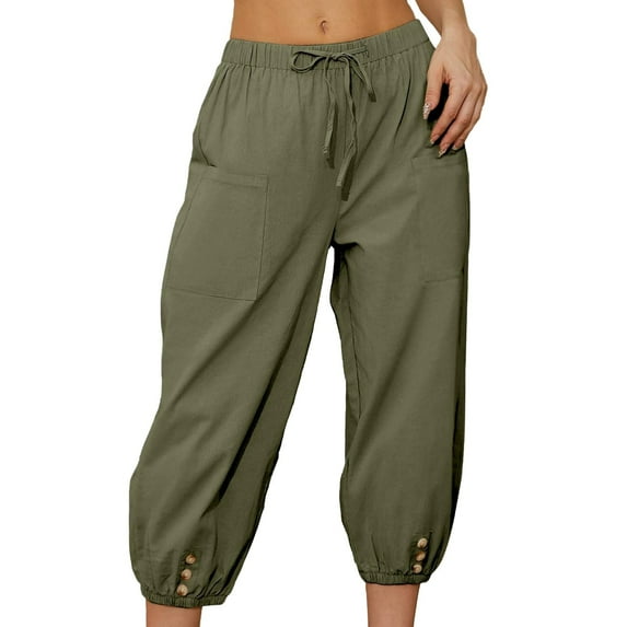 Charmgo Capri Pants for Women, Women Casual Drawstring Elastic High Waisted Wide Leg Cropped Pants Trousers for Summer Pants for Women Trendy Green2 L