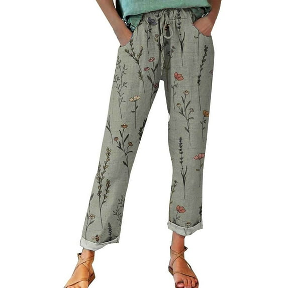 Charmgo Capri Pants for Women, Women's Autumn Print Elasticated Belt High Waisted Linen Pants with Pocket Casual Pants Wide Leg Pants for Women Trendy Pink XXXL
