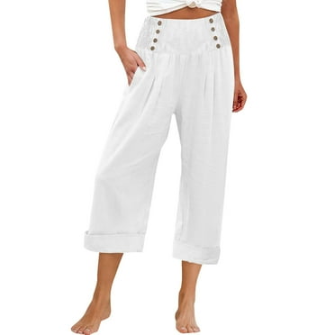 Charmgo Capri Pants for Women, Women's Cotton and Linen Women's Solid Color Button Loose Casual Capri Pants Wide Leg Pants for Women Trendy White S