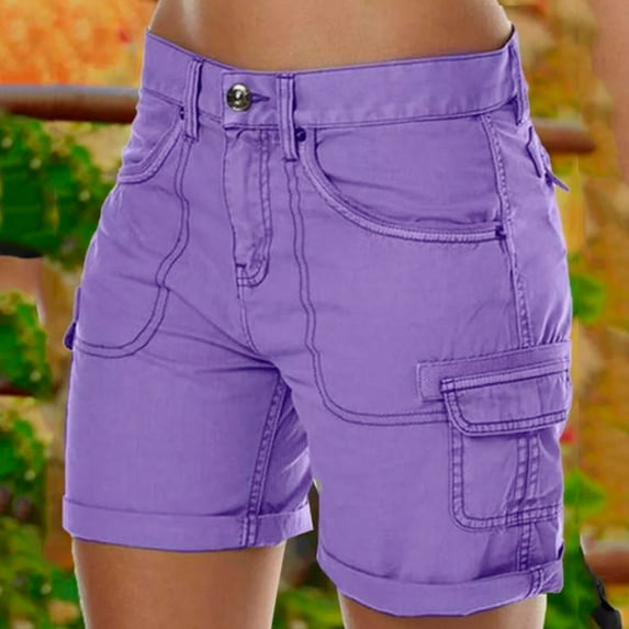 Charmgo Cargo Shorts Women, Women's Loose Solid Color Summer Beach Shorts Buttons Short Hot Pants Cargo Shorts, Running Shorts for Women, Summer Shorts for Women Purple