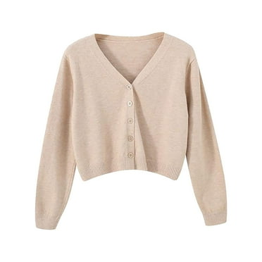 Charmgo Chunky Cardigan Sweaters for Women, Women's V Neck Cropped Sweater Plus Size Jacket Solid Color Knit Sweater Jacket for Women, Beige Cardigan Sweaters for Women Trendy L