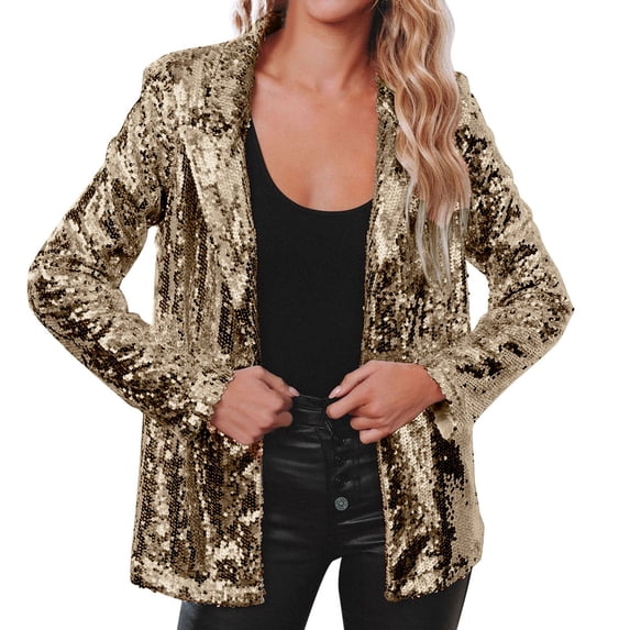 Charmgo Clearance Gold Blazer Women, Women Sequin Jackets Casual Long Sleeve Glitter Party Shiny Lapel Coat Rave Outerwear Womens Blazers for Work Casual, Blazers for Women Gold L