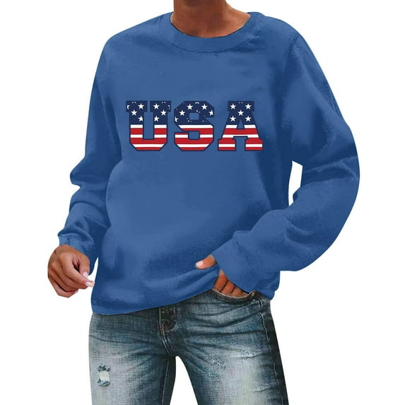 Charmgo USA Sweatshirt Under $15, Women's Autumn Round Neck American Flag USA Print Loose Casual Pullover Sweatshirt USA Sweatshirt Women, Sweatshirt for Teen Girls Blue M