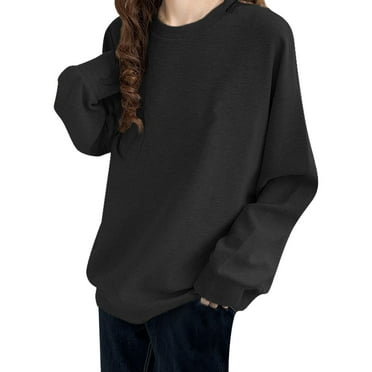 Charmgo Clearance Womens Sweatshirt, Women's Solid Color Long Sleeve Sweatshirt Plain Hooide Crewneck Sweatshirt Women Tops for Women Trendy, Black Sweatshirt for Women L