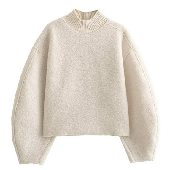 Charmgo Cropped Sweater, Womens Casual Fleece Sweater Turtleneck Reverse Seam Pullover Crop Tops Winter Fuzzy Wool Coat Warm Sweater, White Sweatshirt for Women M