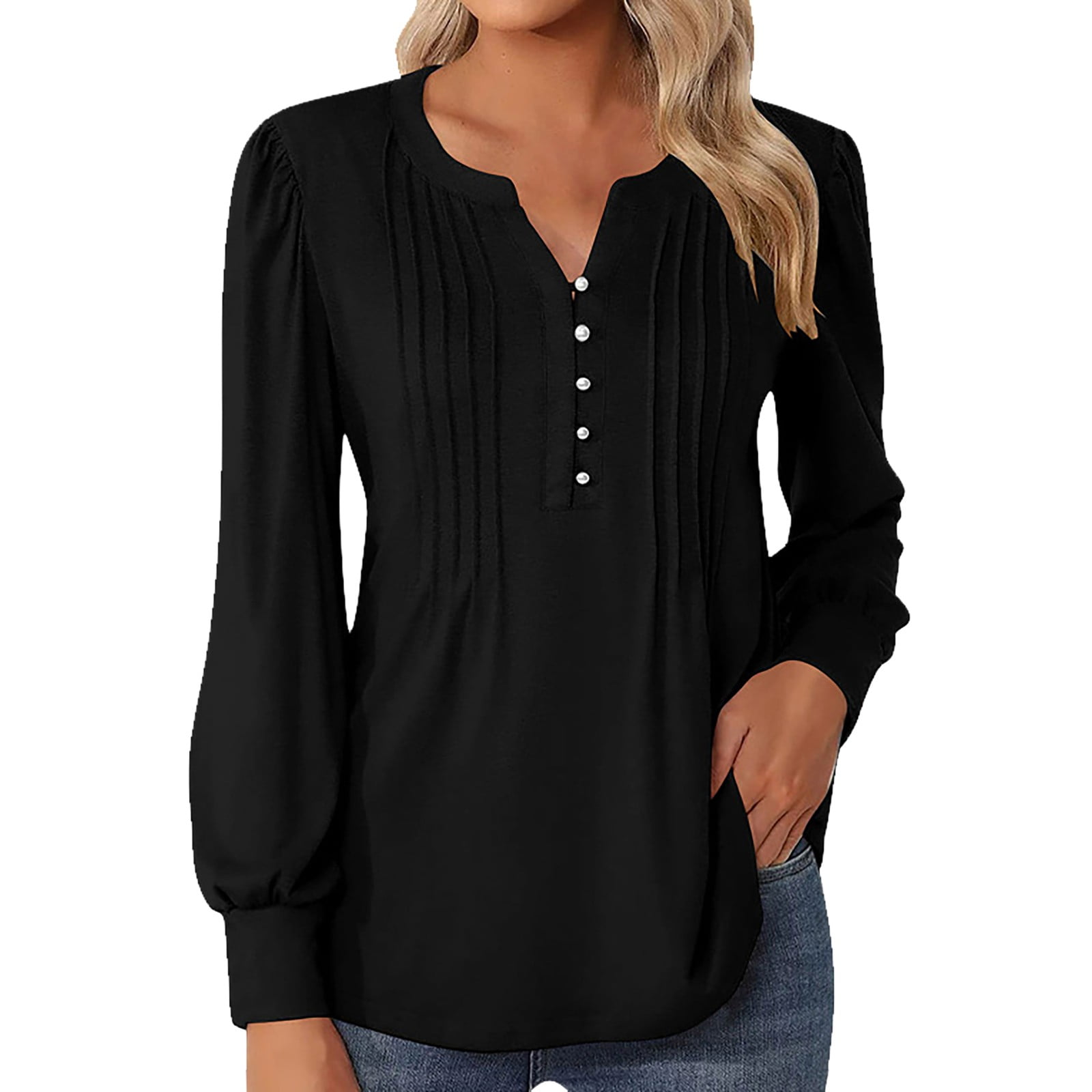 Charmgo Dressy Tops Women Casual V Neck Button Down Shirts Puff Long ...