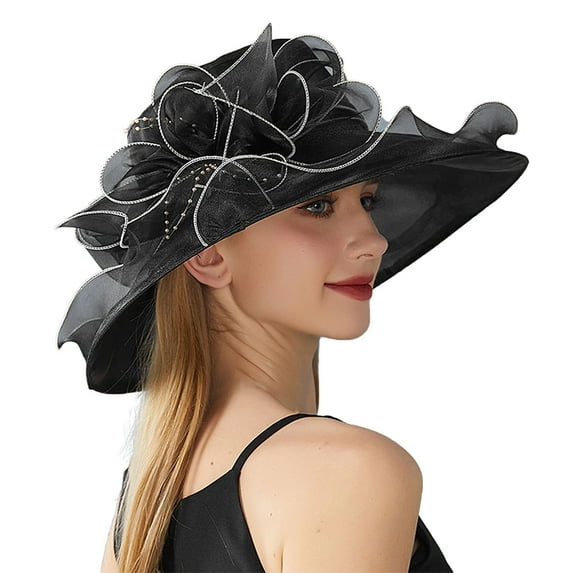 Charmgo Fascinators Hats for Women, Women's Solid Color Big Flower Shade English Lady Elegant Temperament Sun Hats for Women, Kentucky Derby Hats for Women Black One Size